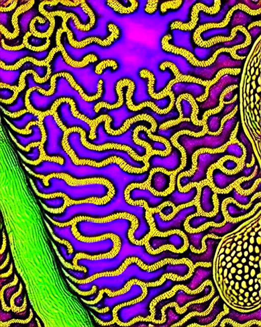 Image similar to Escherichia coli, close up details, drawn by Ernst Haeckel, colorful, beeple rendering