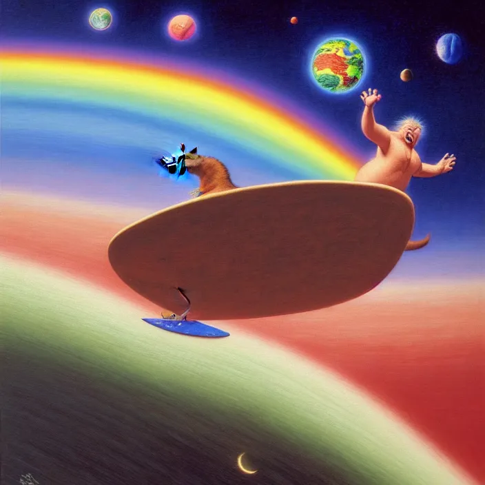 Prompt: a fat cat surfing on a rainbow in space, tim hildebrandt, wayne barlowe, bruce pennington, donato giancola, larry elmore, oil on canvas, masterpiece, trending on artstation, featured on pixiv, cinematic composition, dramatic pose, beautiful lighting, sharp, details, hyper - detailed, hd, hdr, 4 k, 8 k