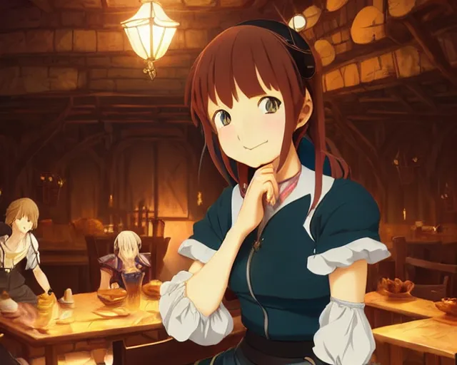 Prompt: anime visual, portrait of a young female traveler in a busy fantasy medieval tavern interior, cute face by yoh yoshinari, katsura masakazu, studio lighting, dynamic pose, dynamic perspective, strong silhouette, anime cels, ilya kuvshinov, cel shaded, crisp and sharp, rounded eyes