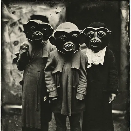 Image similar to portrait of people wearing monkey masks, photograph, style of atget, 1 9 1 0, creepy, dark