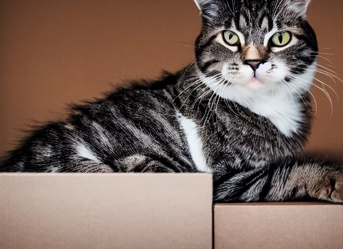 Image similar to photography of a Cat sitting on a box. in a room full of posters, photorealistic, raining award winning photo, 100mm, sharp, high res