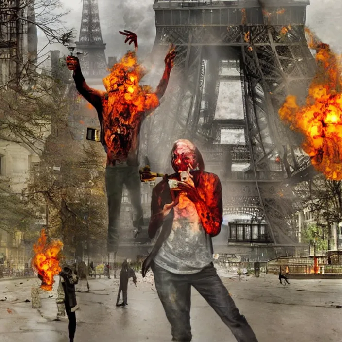 Image similar to zombie drinking water with eifel tower on fire photo realistic