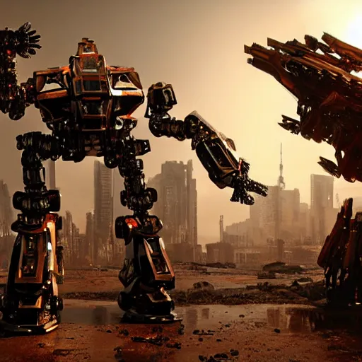 Image similar to a shiny ornate boxing humanoid mecha in ruin city, victory, bright, by war robots, real steel ( 2 0 1 1 ), westworld and eve venture and pacific rim and machine warrior 5, cryengine, frostbite 3 engine, scarlet and yellow scheme, sharp focus, 8 k, high definition, insanely detailed, soft lighting, smooth face