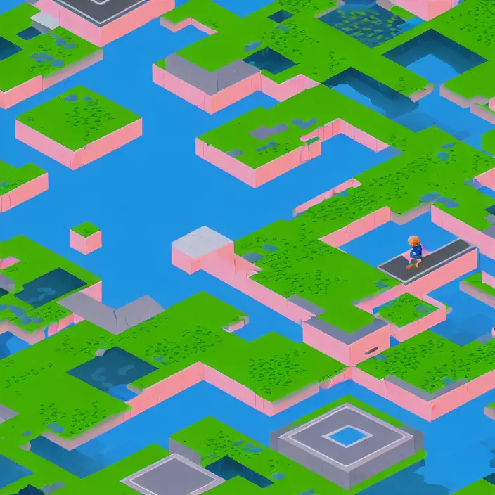 Prompt: isometric view of a building above an azure lake, beautiful game art, by thomas feichtmeir ( cyangmou ), by pixel jeff, by kirokaze, by waneella, by albertov, by junkboy, by retronator, clear focus, very coherent