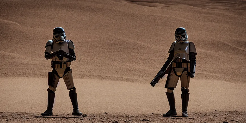 Image similar to scout trooper holding a lightsaber, icelandic desert, cinematic, underexposed, cinematography by greig fraser