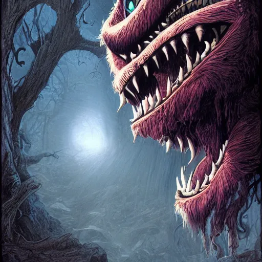 Prompt: demonic cheshire cat in the style of michael whelan and gustave dore. hyperdetailed photorealism by greg rutkowski, 1 0 8 megapixels, cinematic lighting
