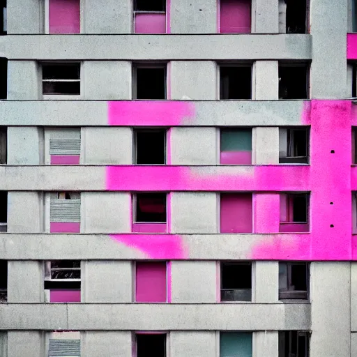 Image similar to brutalist building with touches of cyan and pink. moody and melanchony