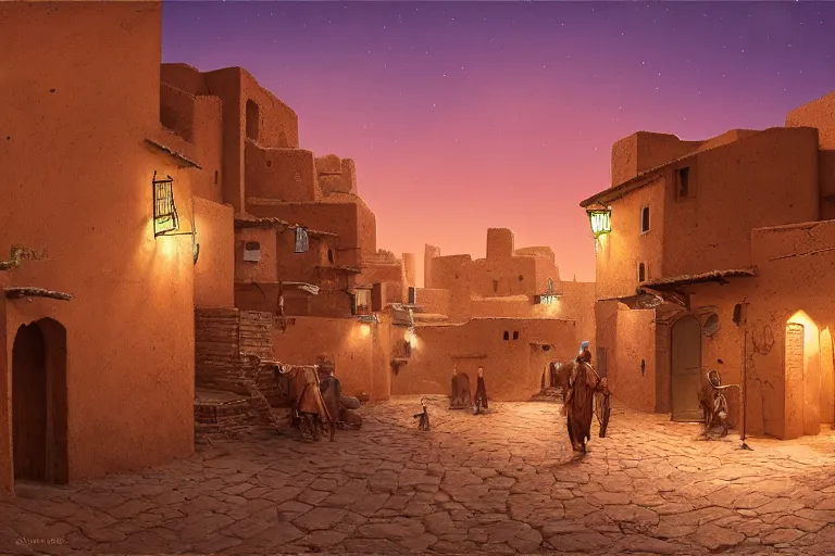 Prompt: in the middle of a adobe house kasbah town, mud and brick houses, merchant street, pueblo architecture, colorful crowd, festival. Scenic view at night, underexposed, clean horizon, matte painting by raphael lacoste and marc simonetti and craig mullins and Anato_Finnstark, trending on artstation, 4k, intricate details