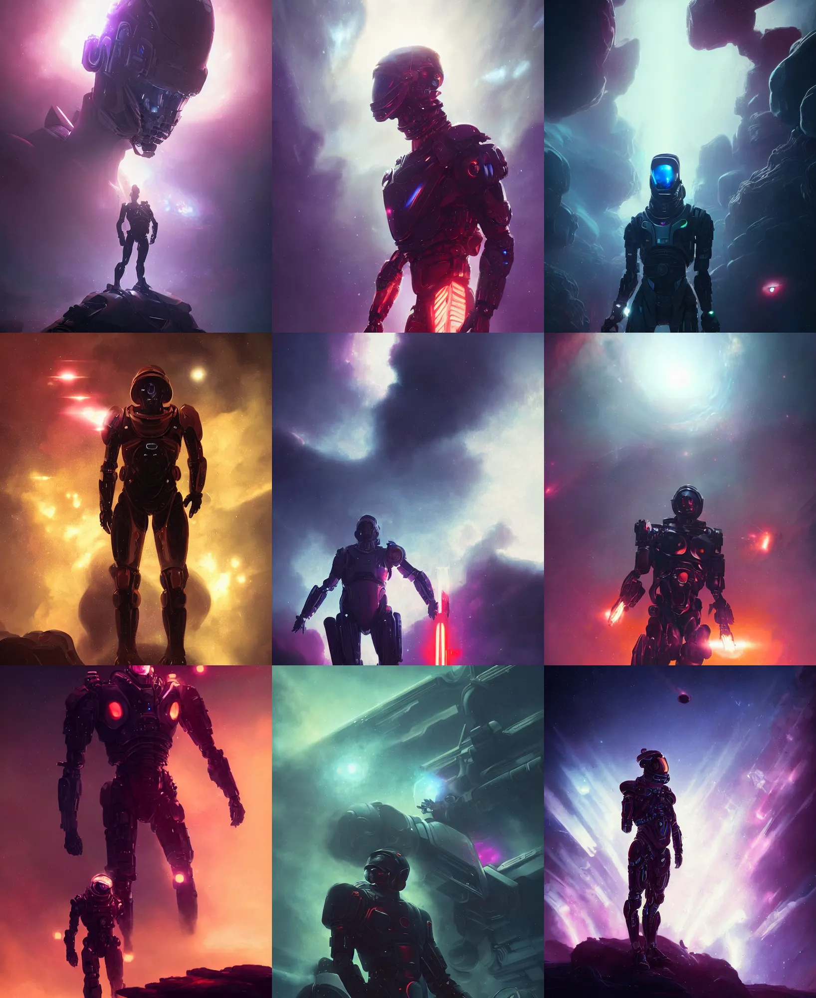 Prompt: humanoid _ muscular royal _ cyborg space _ men _ rockstar in _ a _ dramatic nebula in, mid shot, cinematic, backlight, mist, synthwave futuristic style by greg rutkowski