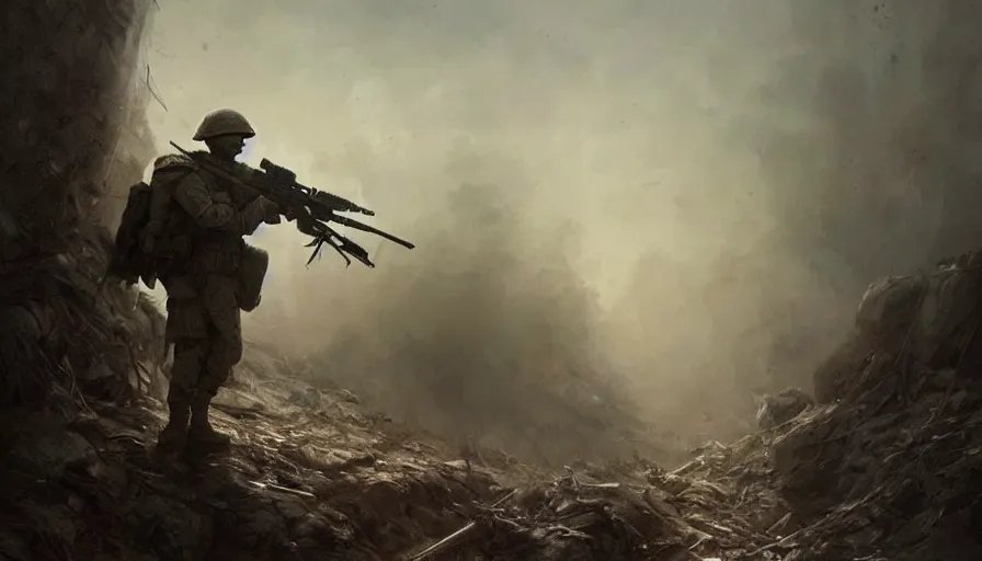 Prompt: beautiful digital painting of a lone survivor, one soldier after his squad killed in action in a trench waiting for the war to end. cinematic lighting and rendering, atmospheric, concept art, high detailed faces, artstation by artgerm and greg rutkowski,,