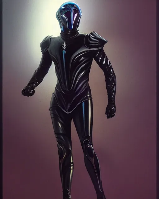 Prompt: iridescent wiry smooth muscular male sleek glossy black pearlescent scifi armor with smooth black featureless helmet, by greg rutkowski and mark brookes and jim burns and tom bagshaw and magali villeneuve, trending on artstation