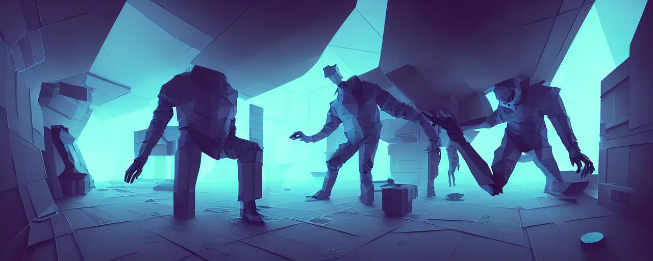 Image similar to duotone noir scifi concept illustration of 3 d mesh of lowpoly inside box floating zero gravity glowing 3 d mesh portals futuristic, glowing eyes, octane render, surreal atmosphere, volumetric lighting. accidental renaissance. by sachin teng and sergey kolesov and ruan jia and heng z. graffiti art, scifi, fantasy, hyper detailed. trending on artstation