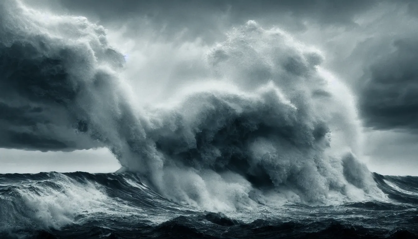 Prompt: lake, big waves, strong wind, raining, storm, distant thunder, launched nuclear rockets far away, atmospheric, scary, claustrophobic, ambient vibe, very detailed, high resolution, 8 k