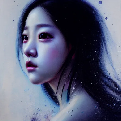 Image similar to jisoo of blackpink, hyperrealistic portrait, bladerunner street, by karol bak and agnes cecile, fantasy art, photo realistic, dynamic lighting, artstation, poster, volumetric lighting, very detailed face, intricate complexity, rule of thirds, 8 k, award winning