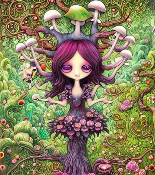 Image similar to Mushroom dryad by Jeremiah Ketner and Hiroyuki Mitsume-Takahashi and Goro Fujita and Mark Ryden