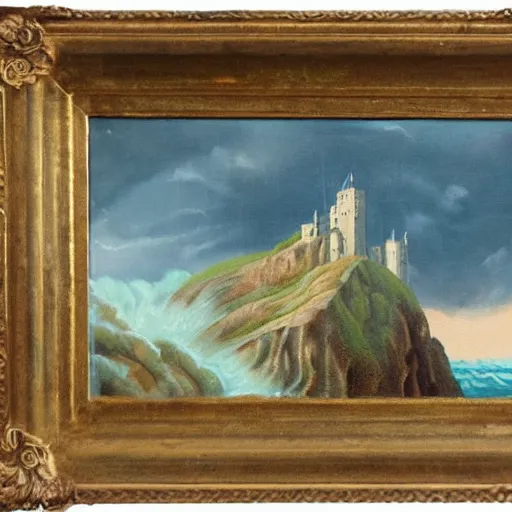 Image similar to john avon painting of a castle on a cliff near the stormy sea