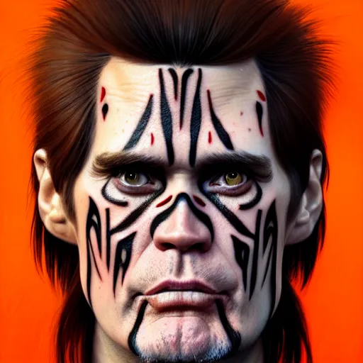 Image similar to portrait painting of jim carrey with a soft expression and short light orange hair and tribal tattoos on his face wearing fur armor, ultra realistic, concept art, intricate details, eerie, highly detailed, photorealistic, octane render, 8 k, unreal engine. art by artgerm and greg rutkowski and charlie bowater and magali villeneuve and alphonse mucha