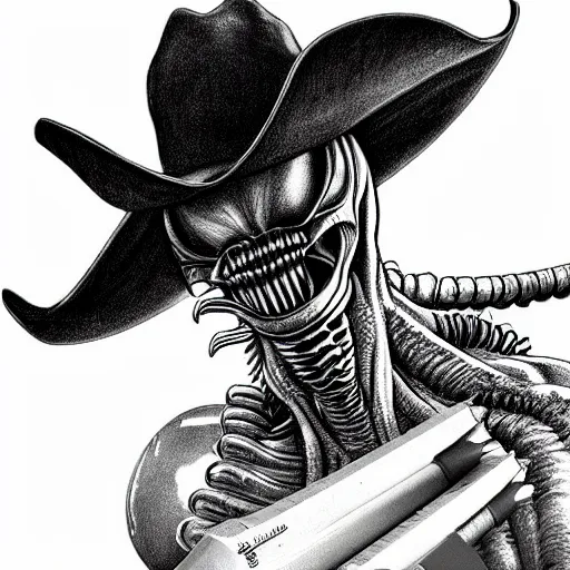 Image similar to a pencil sketch of a xenomorph alien wearing a cowboy hat, white background, fine detail, black and white