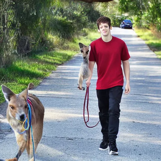 Image similar to Pete Davidson!!! walking a kangaroo, photo