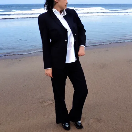 Prompt: Tomboy in a punk business suit at the beach