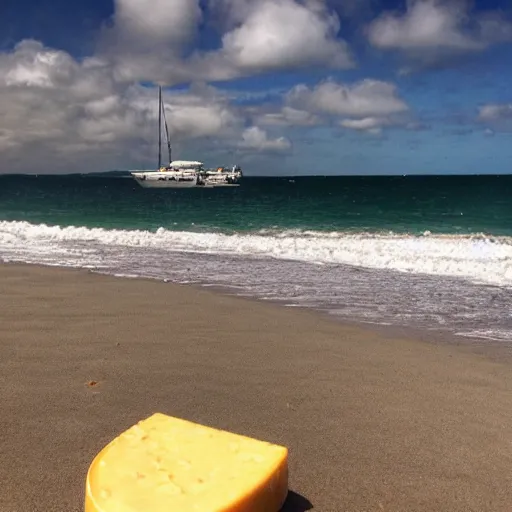 Image similar to a slice of cheese melting on the beach. big yacht on back scene. iphone photo. naturalism