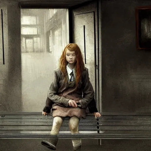 Image similar to sadie sink in oversized school uniform. waits on a bench | a bench along a wall. next to a door. in an office building. concept art for scifi dystopian film. by nikolay makovsky, bob byerley, wadim kashin, andrea kowch. cinematic moody atmosphere, detailed and intricate, perfect anatomy