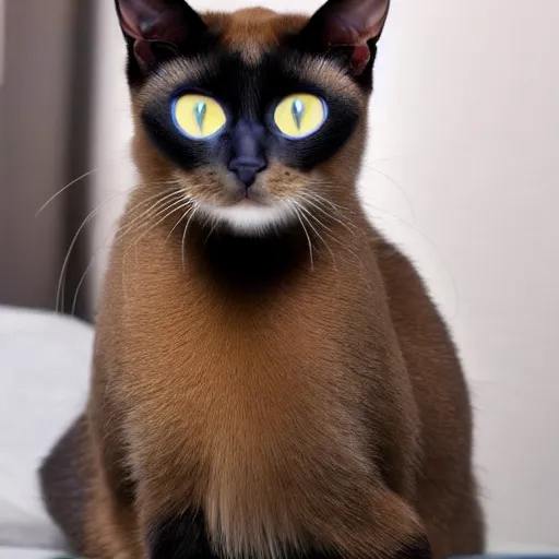 Prompt: crossbreed of an abyssian cat and a siamese cat, photo