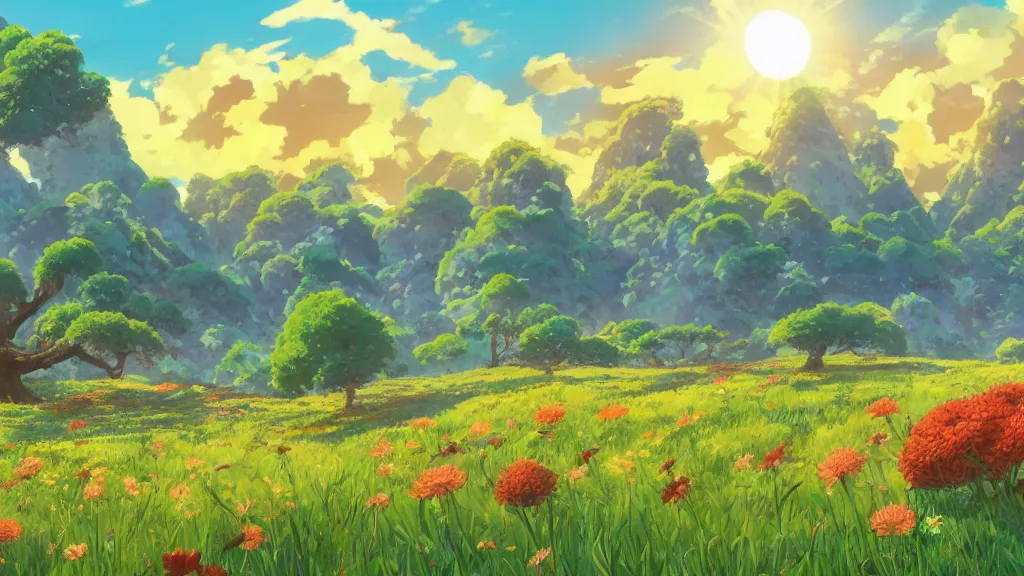 Prompt: fantastic anime sunny meadow with flowers, lone old Oak in the middle plane and mountains on the background, by Hayao Miyazaki, nausicaa of the valley of the wind, studio Ghibli style, Anime wallpaper, stunning