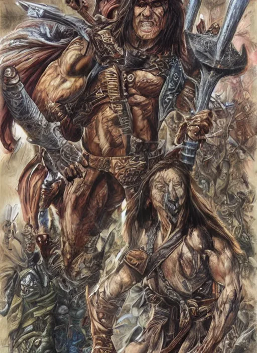 Image similar to A full-color airbrushed, ultra-detailed, hyperrealistic, photorealistic, mixed media, fineliner illustration of Conan the barbarian battling skeleton warriors, by Glenn Fabry , John Buscema and Bill Sienkiewicz, trending on marvel, trending on artstation