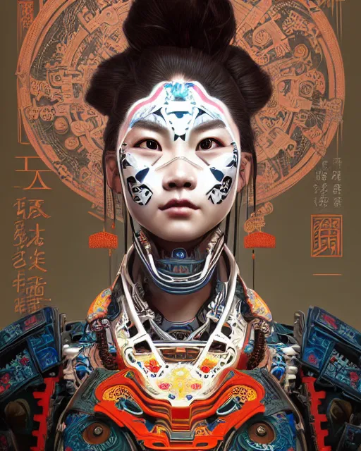 Prompt: portrait of a machine from horizon zero dawn, machine face, upper half portrait, decorated with chinese opera motifs, asian, bian lian, traditional chinese art, intricate, elegant, highly detailed, symmetry, digital painting, artstation, concept art, smooth, sharp focus, illustration, art by artgerm and greg rutkowski and alphonse mucha, 8 k