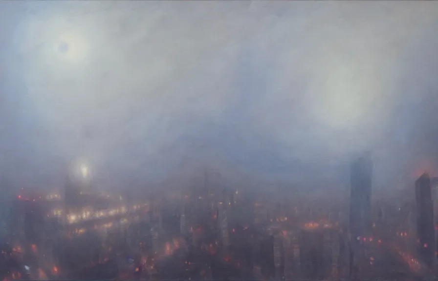 Image similar to aerial!!!! view of a giant octopus monster moving through a foggy, dim, detailed city, extremely detailed!!! oil painting, dull palette