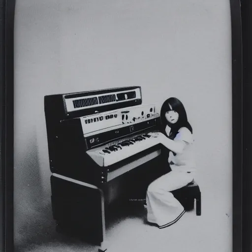 Prompt: 1 9 7 0 s polaroid of a female japanese musician playing a vintage synthesizer, hazy, faded