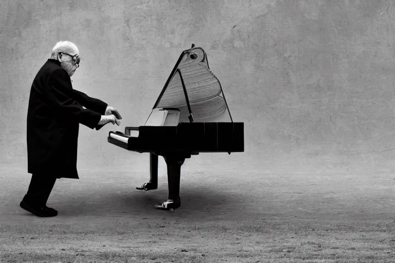 Prompt: amazing award winning photo of an old man chasing a piano with legs, award winning photo