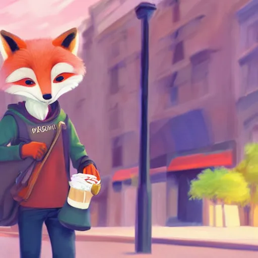 Prompt: furry art of male fox walking down the street holding an icecream, digital art, artstation, 4K, detailed, zootopia,