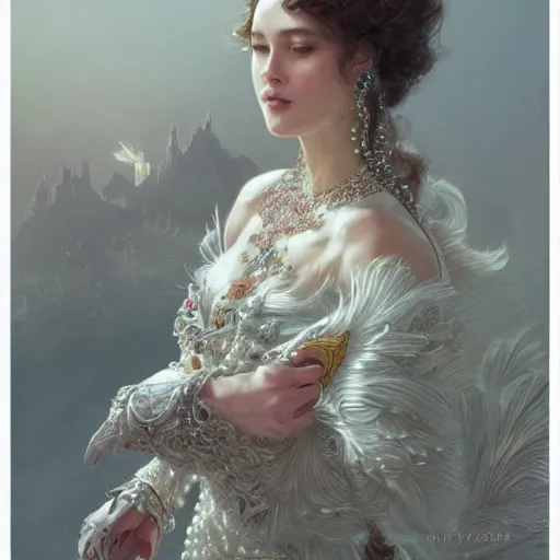 Prompt: a queen with a decorated dress made of white pearls and white plumes of swan, highly detailed, digital painting, Trending on artstation , HD quality, by artgerm and greg rutkowski and alphonse mucha, dramatic light, octane