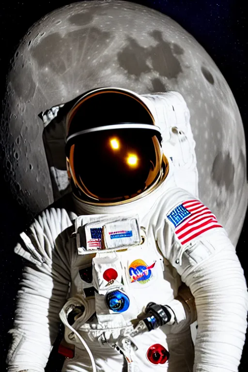 Image similar to extremely detailed studio portrait of space astronaut, holds an iphone in one hand, iphone held up to visor, reflection of iphone in visor, moon, extreme close shot, soft light, golden glow, award winning photo by nasa