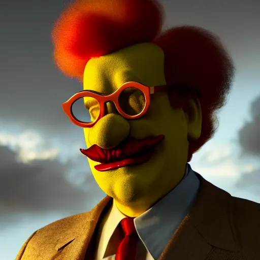 Prompt: Ronald McDonald and Colonel Sanders morphed into one person, hybrid, natural volumetric lighting, sunset, rusted steel, stunning skies, scattered rubbish and debris, 8k, photorealistic, hyper detailed, unreal engine 5, IMAX quality, cinematic quality, beautifully illustrated, sharp focus, minimal artifacts, from DOOM, by Greg Rutkowski, trending on Artstation, award winning