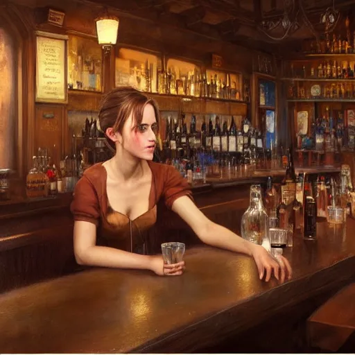 Image similar to highly detailed painting of emma watson drunk in a bar, stephen bliss, 8 k, by greg rutkowski, loish, rhads, artgerm, ferdinand knab, makoto shinkai and lois van baarle, ilya kuvshinov, rossdraws, global illumination, radiant light, detailed and intricate environment