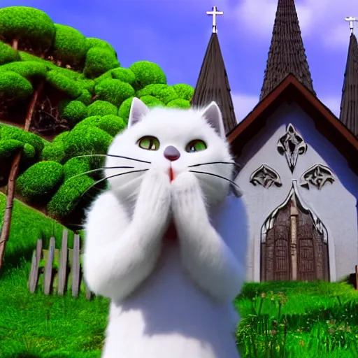 Image similar to claymation of a fluffy grey cat pointing it's paw at a priest in front of a white stave church by studio ghibli fantastic realism ultra - wide angle lens, early morning - - ar 4 : 3