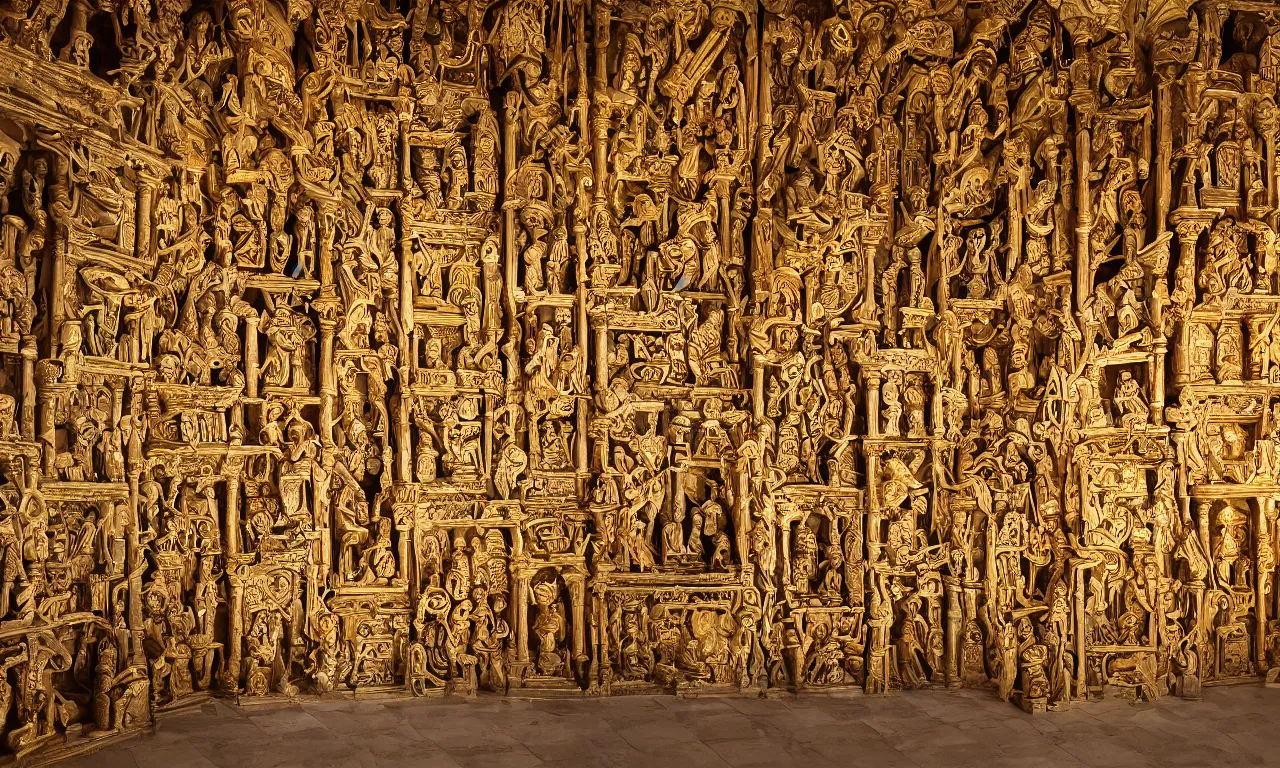 Prompt: giovanna pillaca inside el retablo digital architectural sculptural interior, contains iconographic and inca statues in gold, visually satisfying architecture render