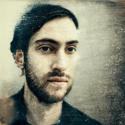 Prompt: A double exposure of a collodion-styled portrait of a man coupled with an abstract oil-on-canvas painting, bokeh, depth of field, dreamy