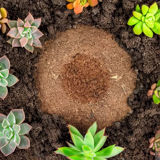 Prompt: succulents growing in dirt, orange tint, mixed media photography, very detailed, top down perspective,