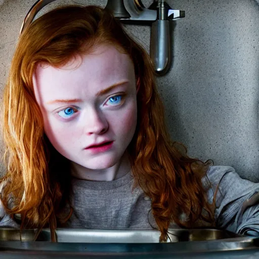 Image similar to sadie sink face popping out of a kitchen sink