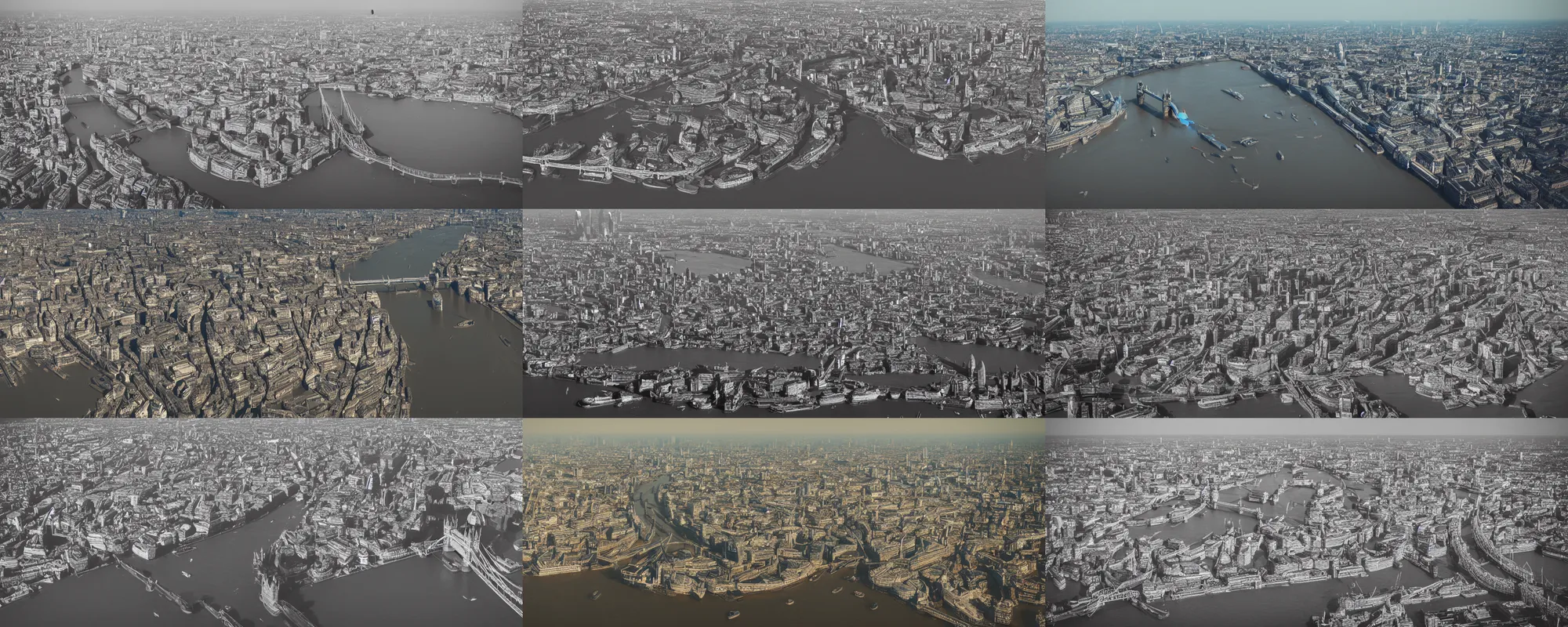 Prompt: London, drone above the Thames, the Thames is dry, there's a heatwave and a mirage effect, apocalyptic future, anamorphic, cinestill cinematography, unreal engine, 8k