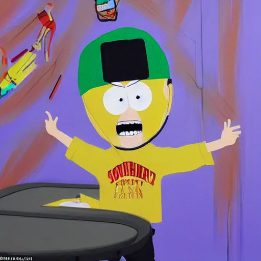 Prompt: a highly detailed painting of a boy in the virtual reality of southpark, he does a lot of mischief and dances with the other members of the series