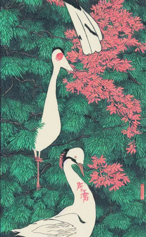 Image similar to by akio watanabe, manga art, girl next to a japanese crane bird in japanese pines, trading card front, kimono, realistic anatomy, sun in the background