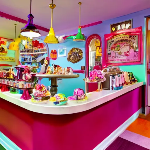 Image similar to a colorful fanciful ice cream parlor counter in the style of arnold lobel