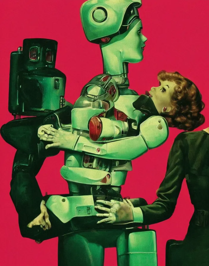 Prompt: a female housewife!!!! being hugged lovingly by a robot!!!! in a suit!!!, 1 9 5 0 s horror film movie poster style, ( norman rockwell oil painting ), close - up shot, medium shot, retro science fiction, vintage, saturated pink and green lighting, shadowy lighting