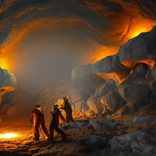 Image similar to digital painting of workers mining, for black opal in a large cavern, ethereal, shining rocks, trending on artstation, 4k, hd