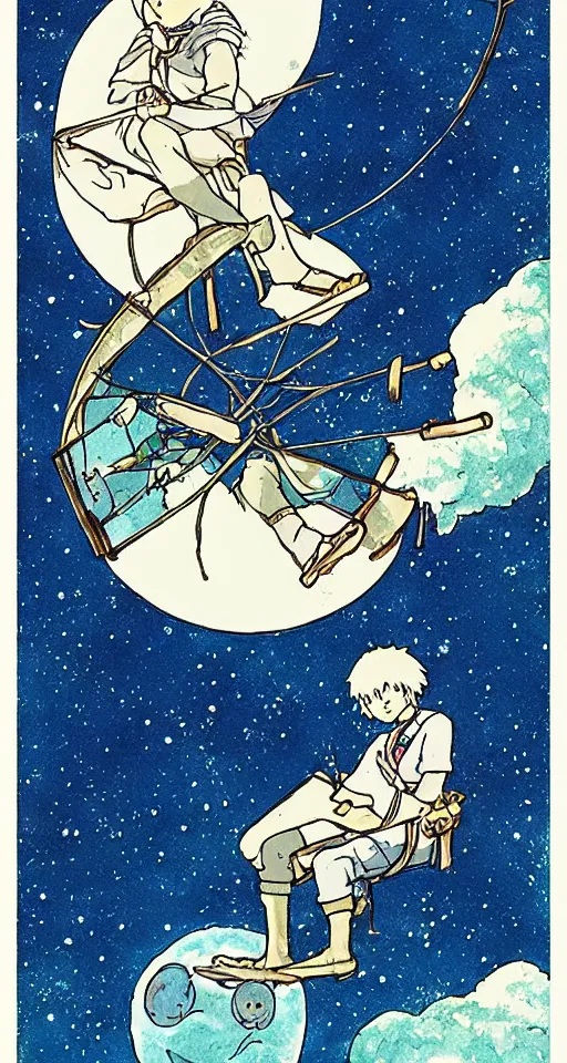 Prompt: the moon tarot card as drawn by studio ghibli, whole card, white frame